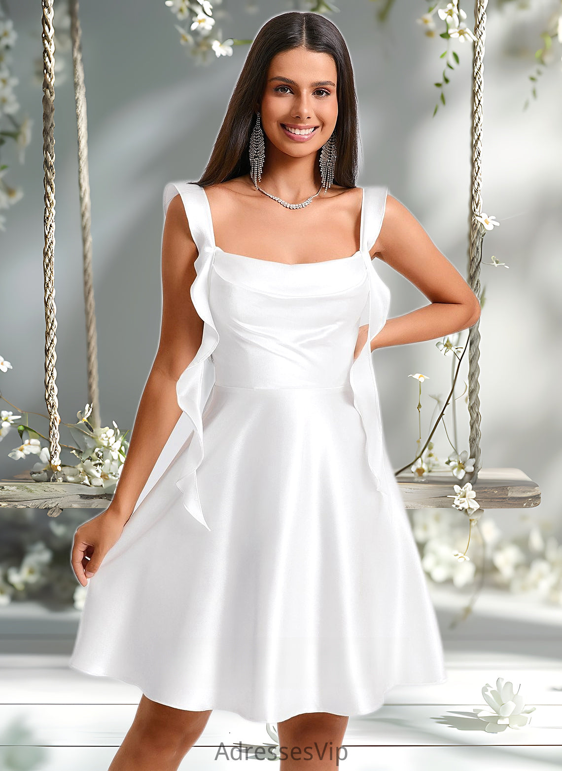 Aspen A-line Scoop Short Stretch Satin Homecoming Dress With Cascading Ruffles HCP0025653