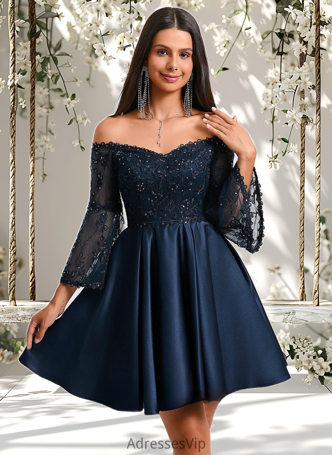 Juliana A-line Off the Shoulder Short Satin Homecoming Dress With Sequins HCP0025651