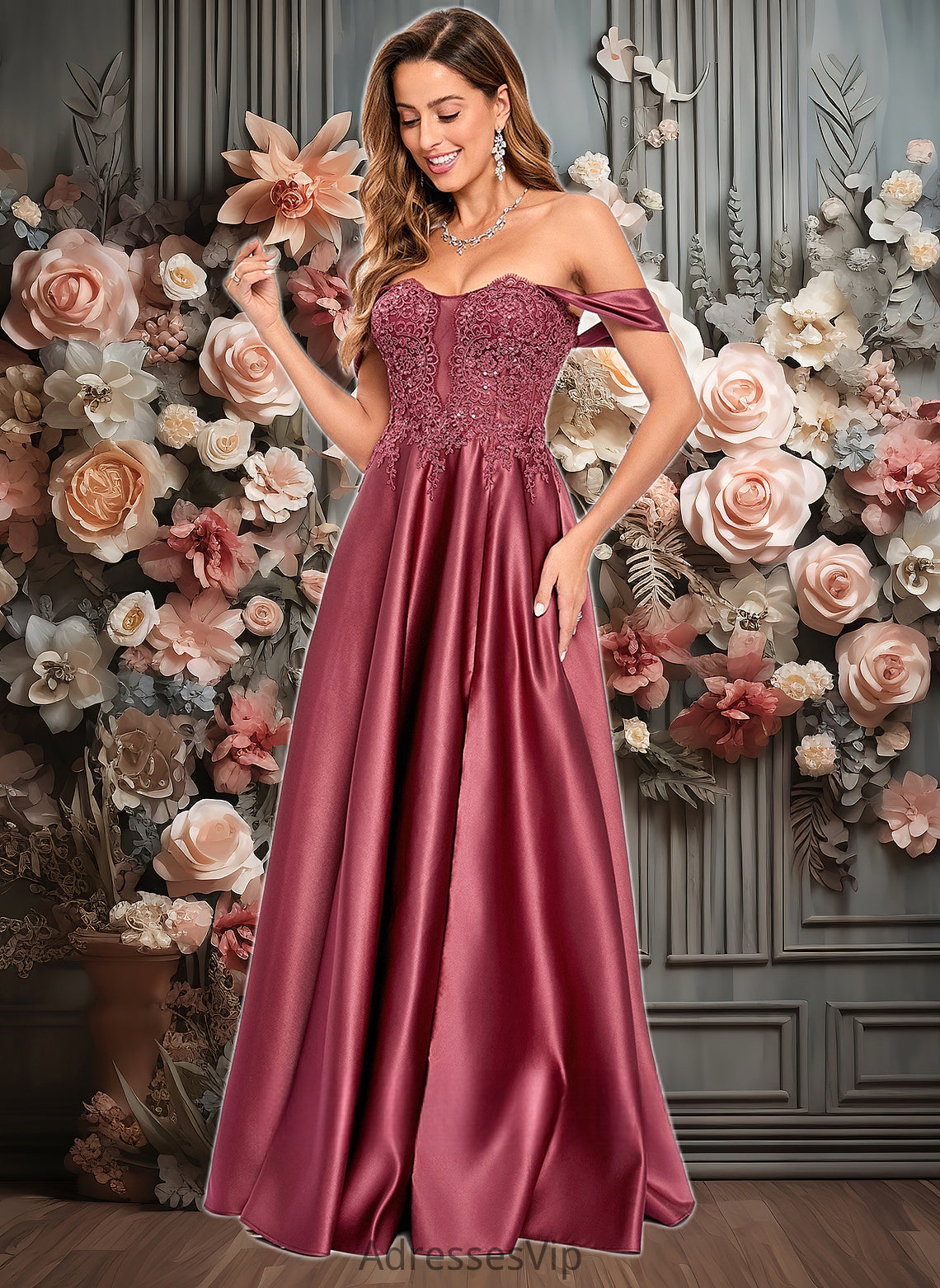 Katrina A-line Off the Shoulder Floor-Length Satin Lace Prom Dresses With Sequins HCP0025841