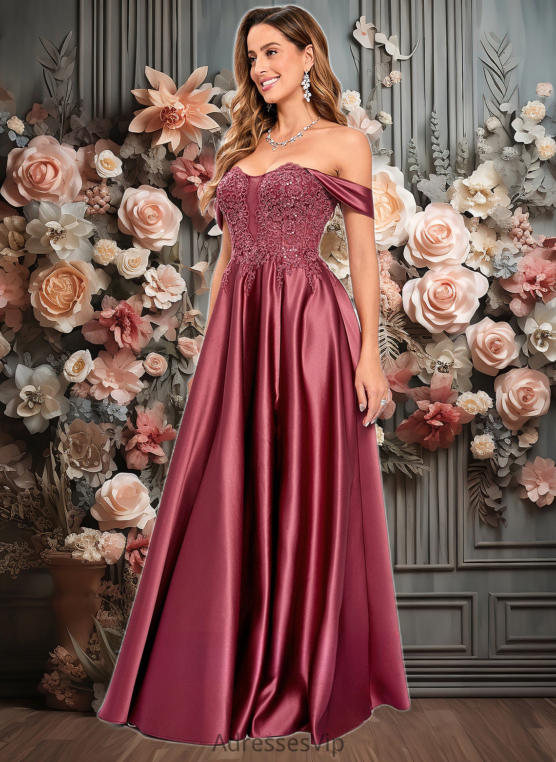 Katrina A-line Off the Shoulder Floor-Length Satin Lace Prom Dresses With Sequins HCP0025841