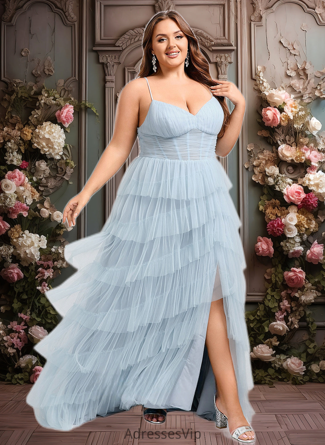 Kailee Ball-Gown/Princess V-Neck Sweep Train Tulle Prom Dresses HCP0025833