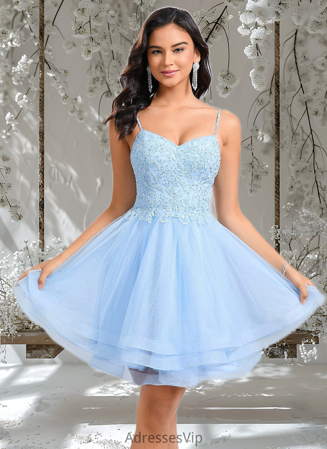 Hope A-line V-Neck Short Lace Tulle Homecoming Dress With Rhinestone Sequins HCP0025658