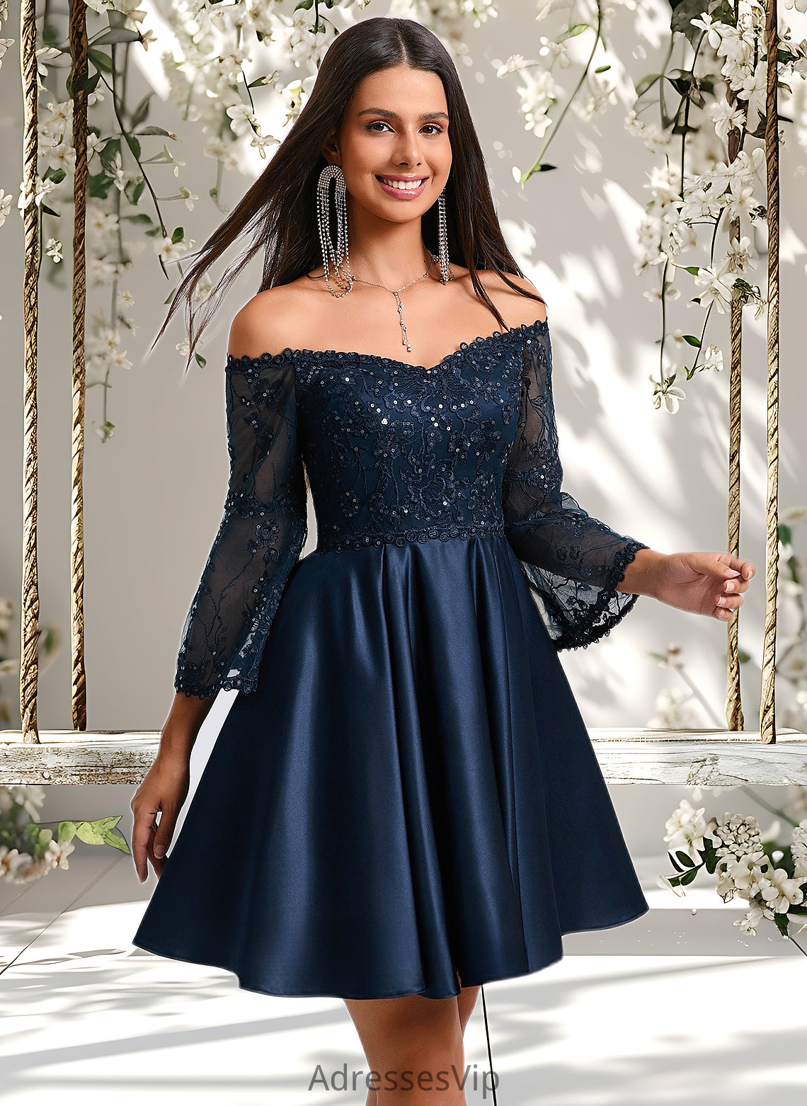 Juliana A-line Off the Shoulder Short Satin Homecoming Dress With Sequins HCP0025651