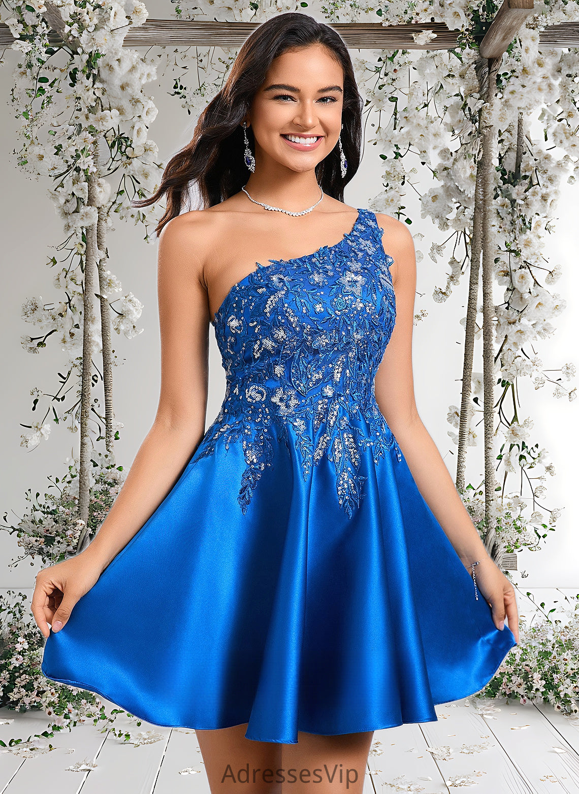 Madeline A-line One Shoulder Short Satin Homecoming Dress With Appliques Lace Sequins HCP0025657