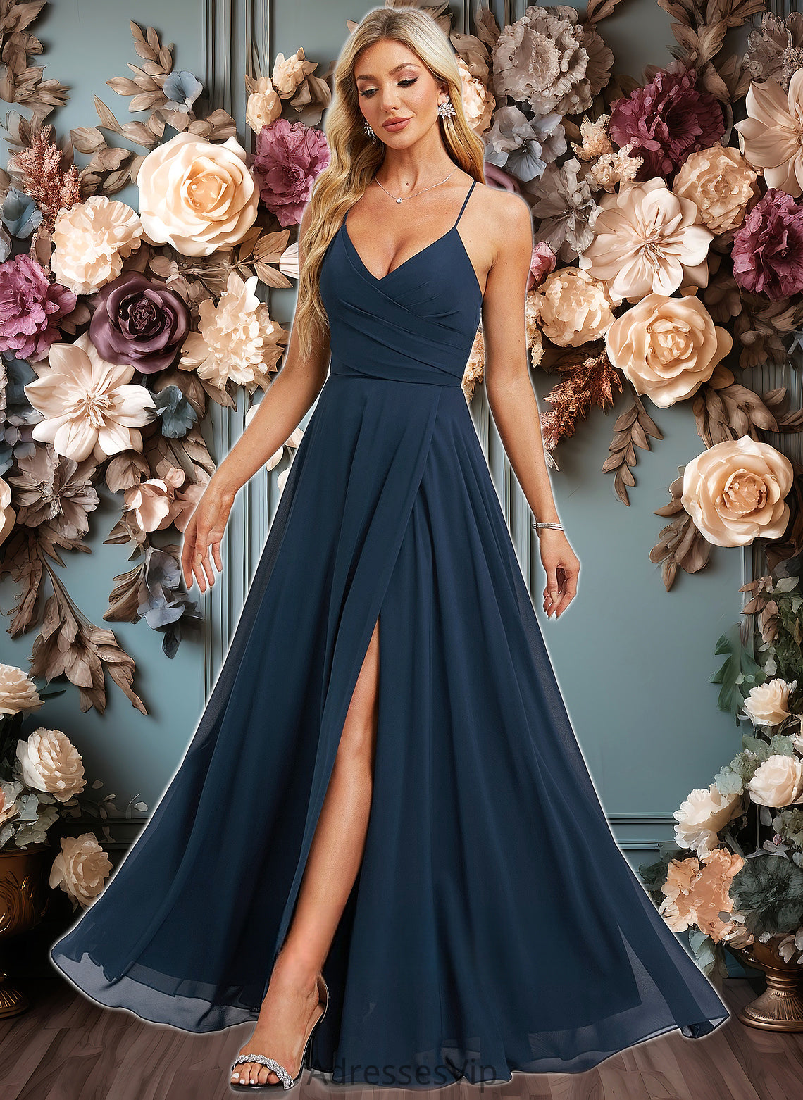 Imani A-line V-Neck Floor-Length Chiffon Prom Dresses With Pleated HCP0025830