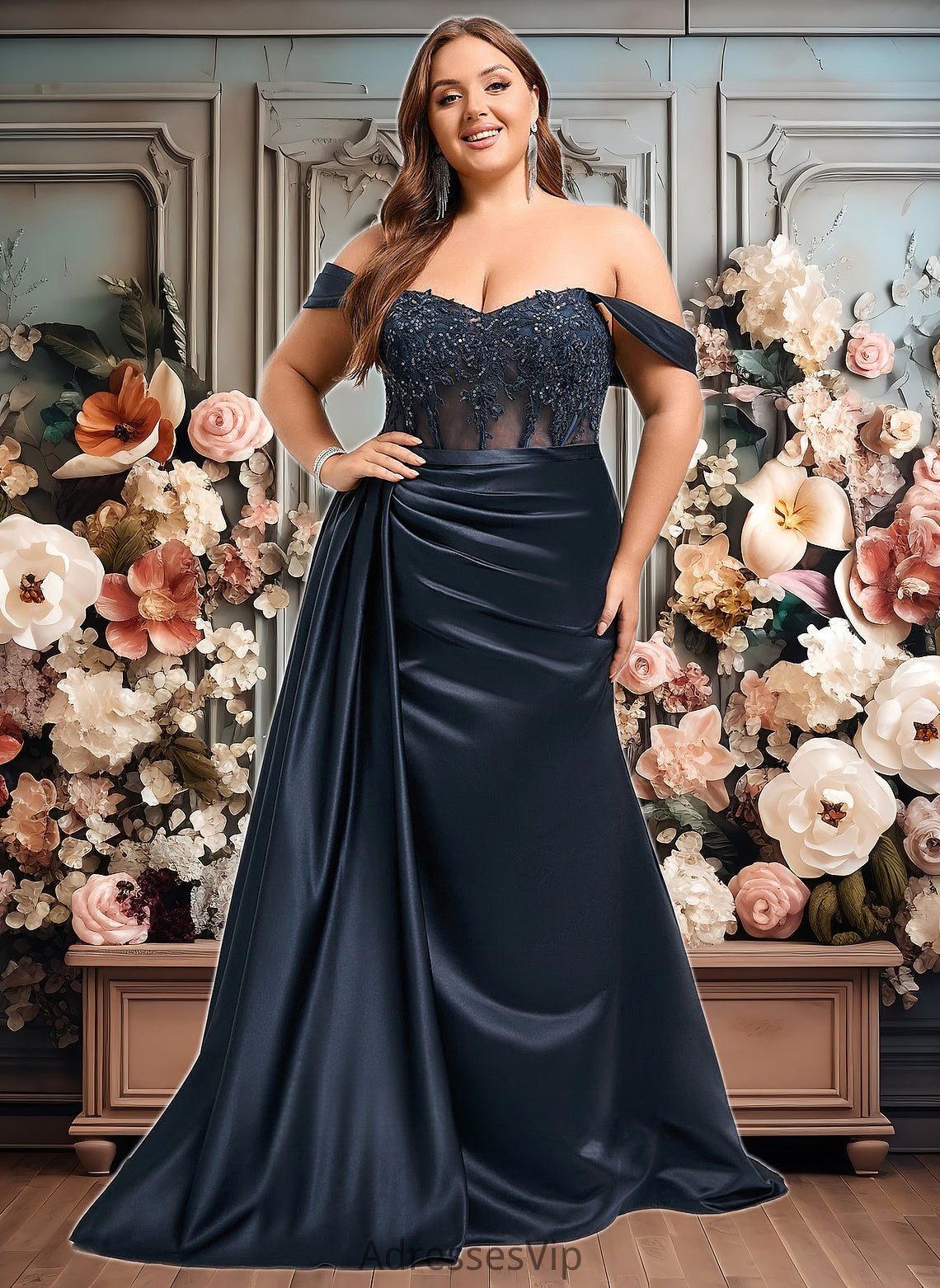 Alyvia Trumpet/Mermaid Off the Shoulder Sweep Train Satin Prom Dresses With Sequins Appliques Lace HCP0025835