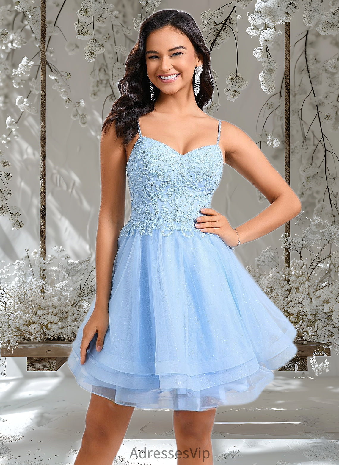 Hope A-line V-Neck Short Lace Tulle Homecoming Dress With Rhinestone Sequins HCP0025658