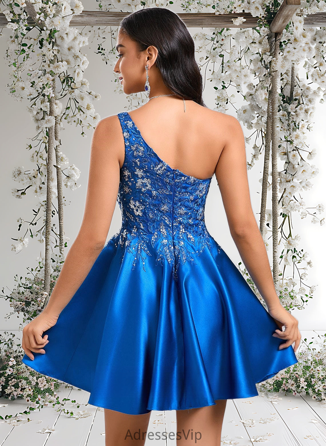 Madeline A-line One Shoulder Short Satin Homecoming Dress With Appliques Lace Sequins HCP0025657