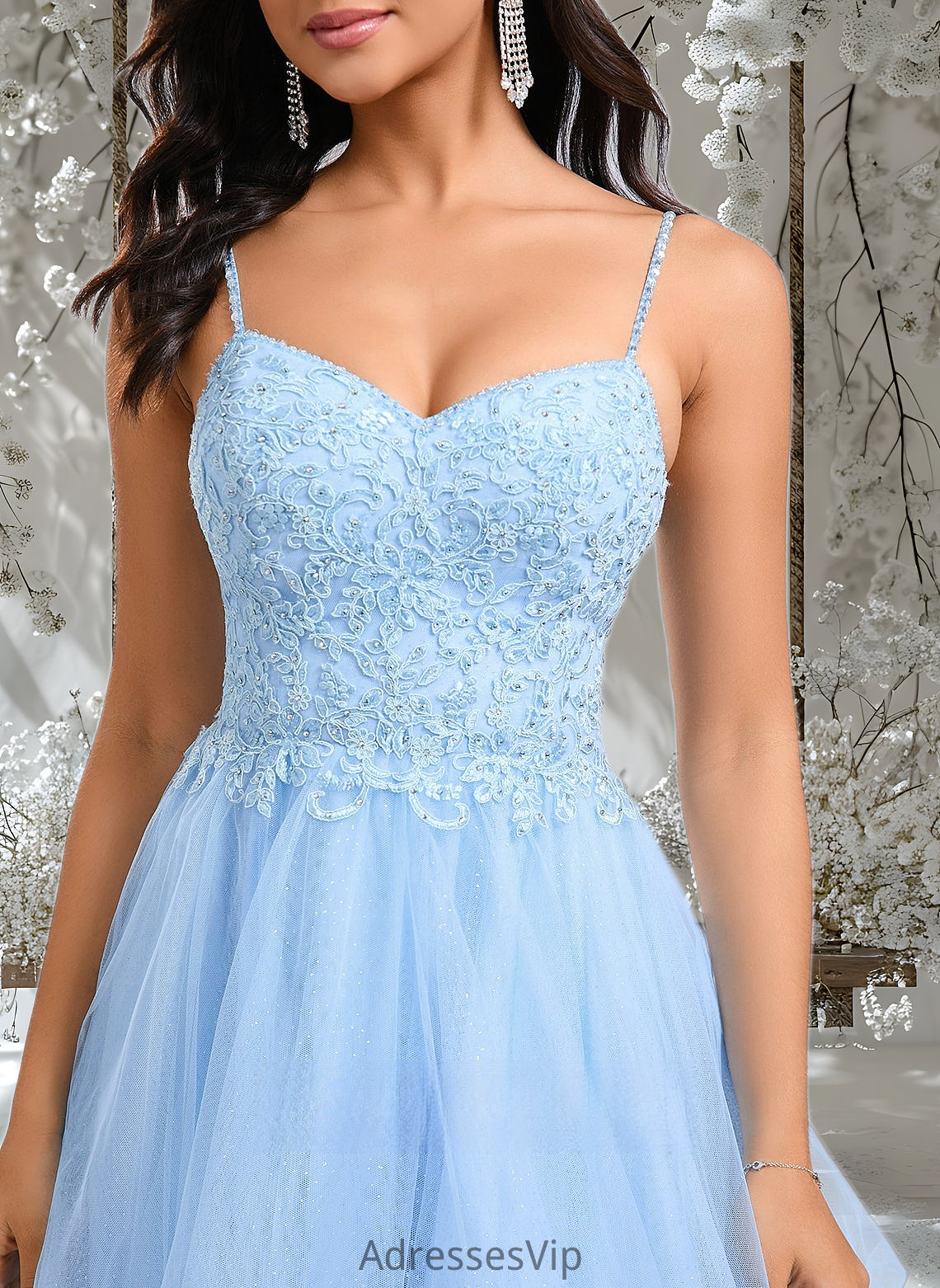 Hope A-line V-Neck Short Lace Tulle Homecoming Dress With Rhinestone Sequins HCP0025658