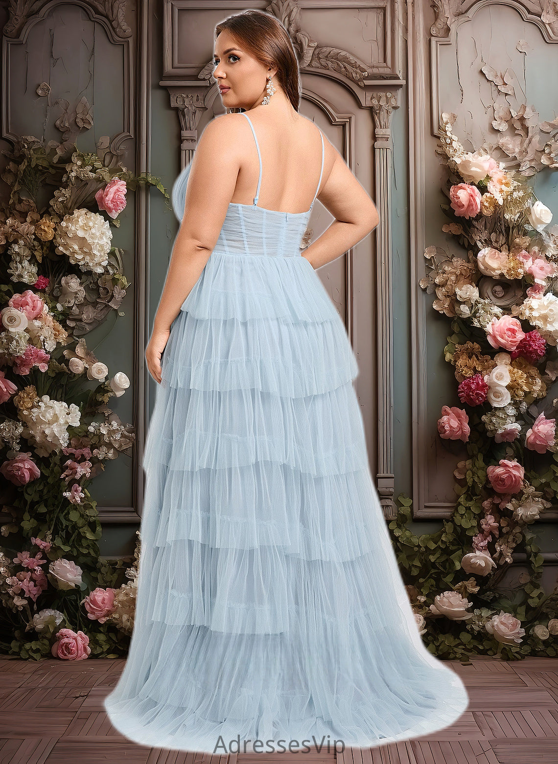 Kailee Ball-Gown/Princess V-Neck Sweep Train Tulle Prom Dresses HCP0025833