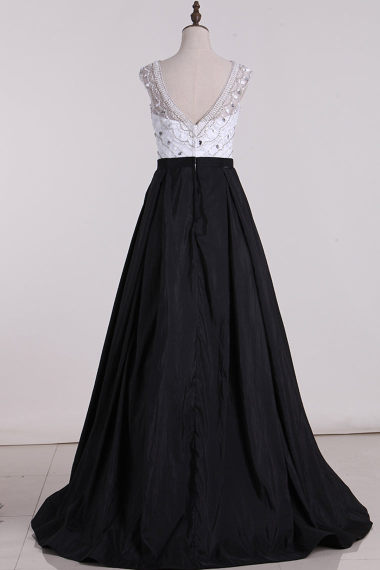 2024 A Line Scoop Beaded Bodice Prom Dresses Taffeta Sweep Train