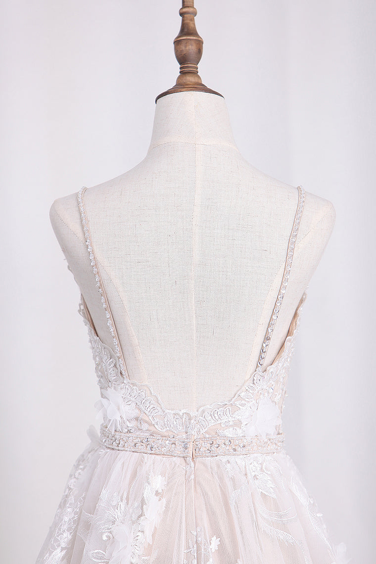 2024 Spaghetti Straps A Line Lace Wedding Dresses With Sash And Handmade Flower