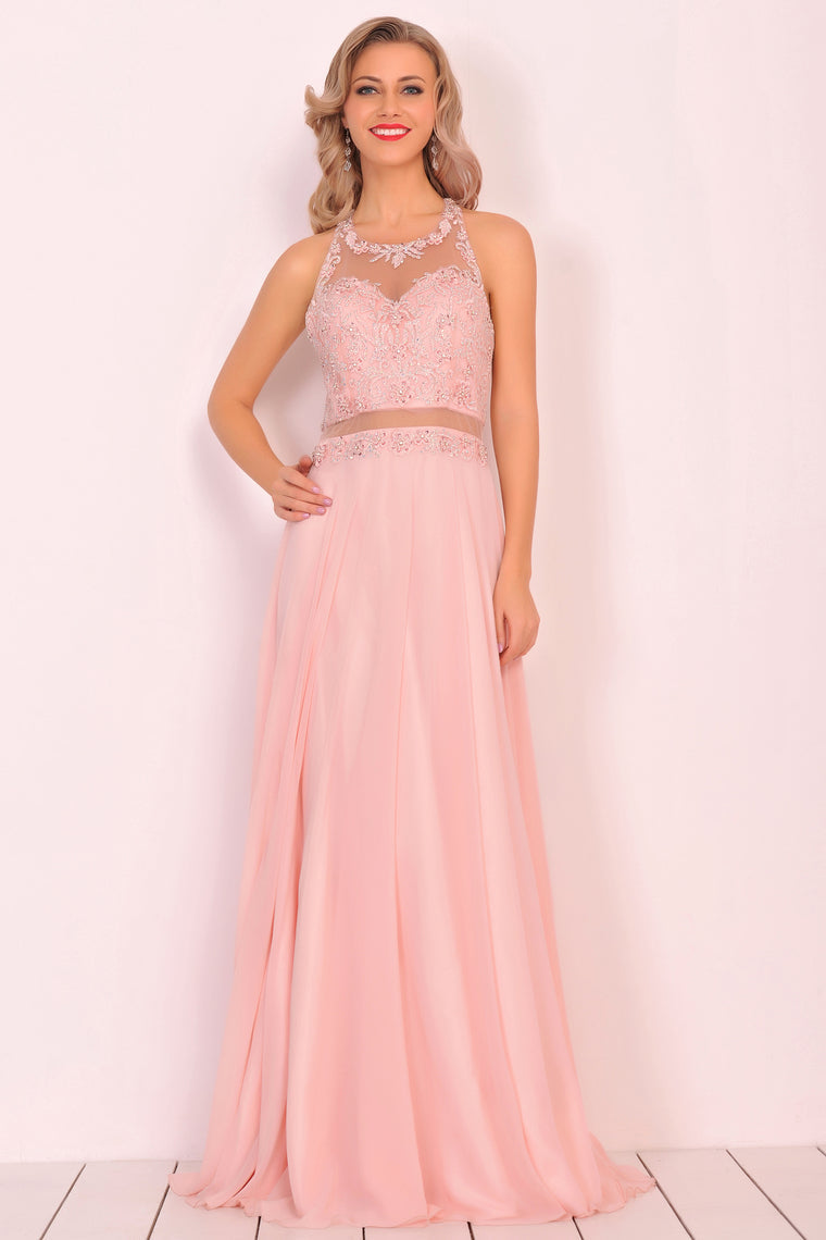 2024 Chiffon Halter Open Back Prom Dresses With Beads And Embroidery A Line