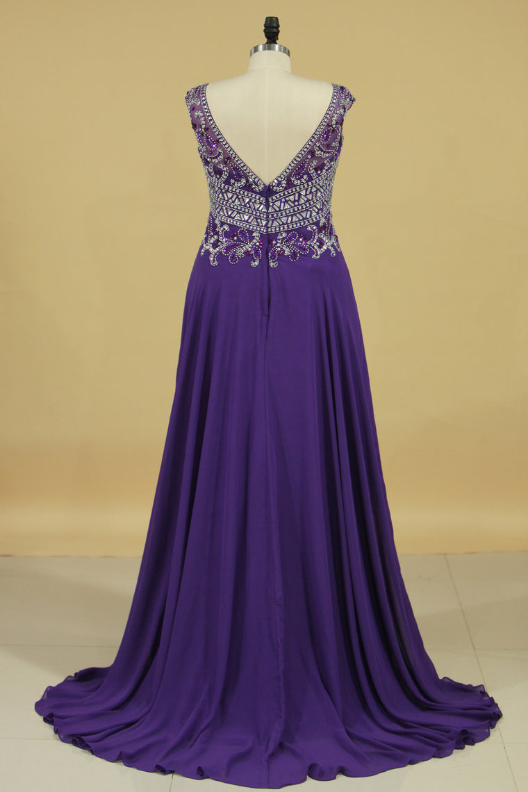 2024 A Line V Neck Beaded Bodice Chiffon Sweep Train Prom Dresses