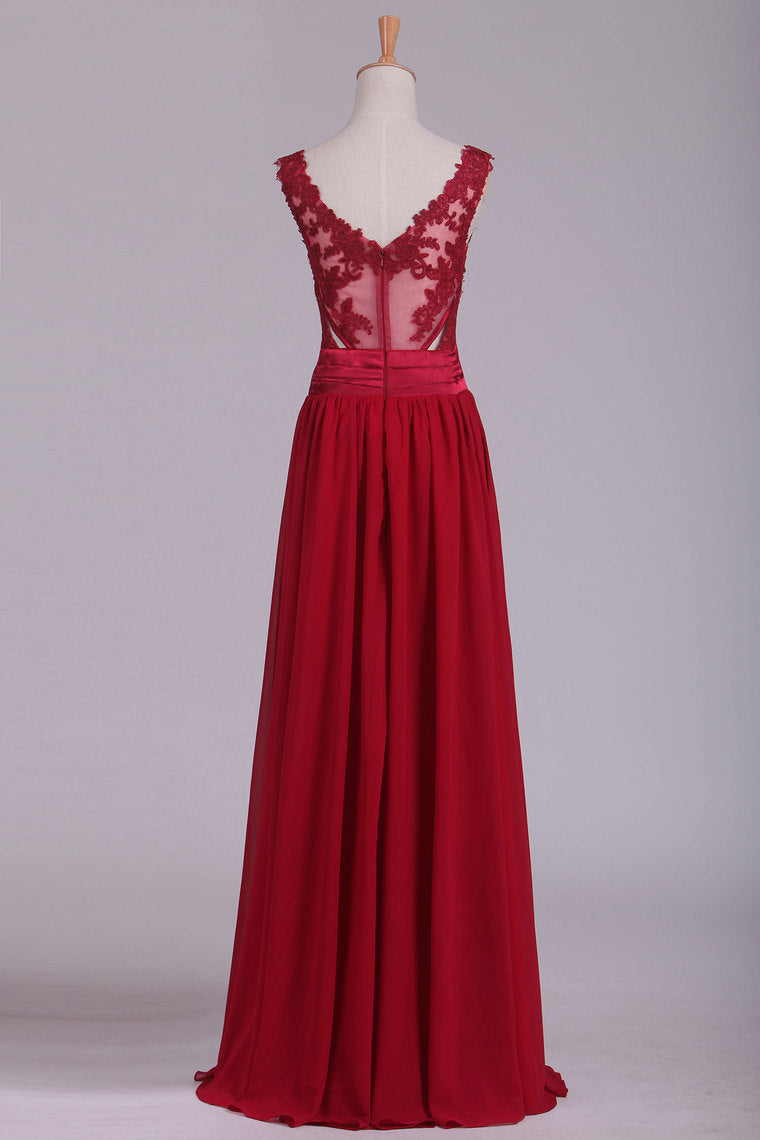 2024 Burgundy V-Neck Prom Dresses A Line Chiffon With Applique