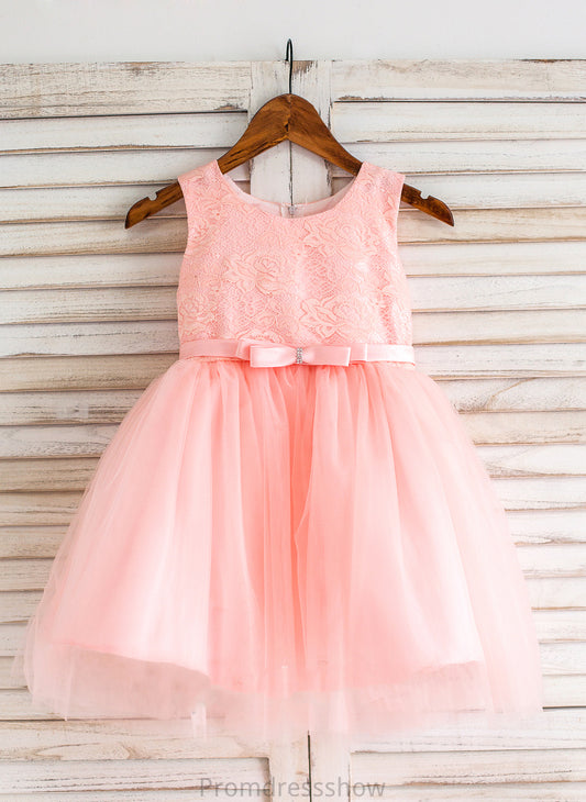 Tulle/Lace Flower Tiffany Ball-Gown/Princess - Scoop Neck Dress Bow(s) Sleeveless Girl With Knee-length Flower Girl Dresses