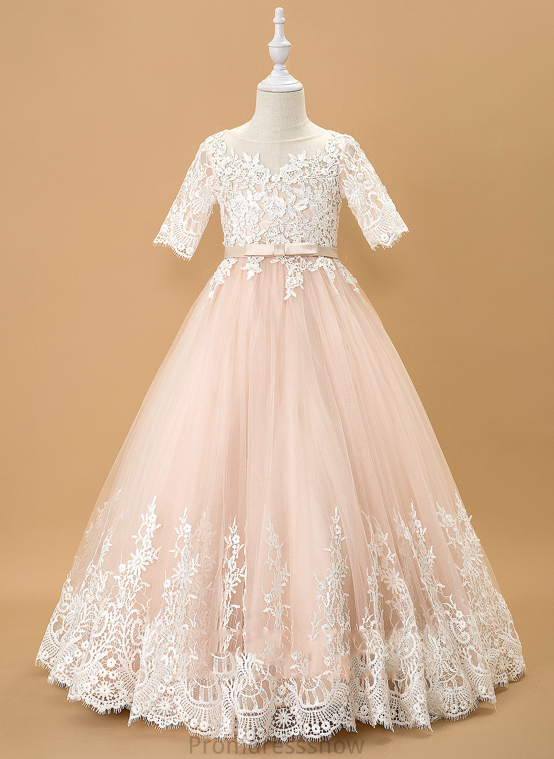 Flower Girl Dresses Dress Sleeves Tulle/Lace With Girl - 1/2 Floor-length Ball-Gown/Princess Flower Scoop Neck Bow(s) Zoe