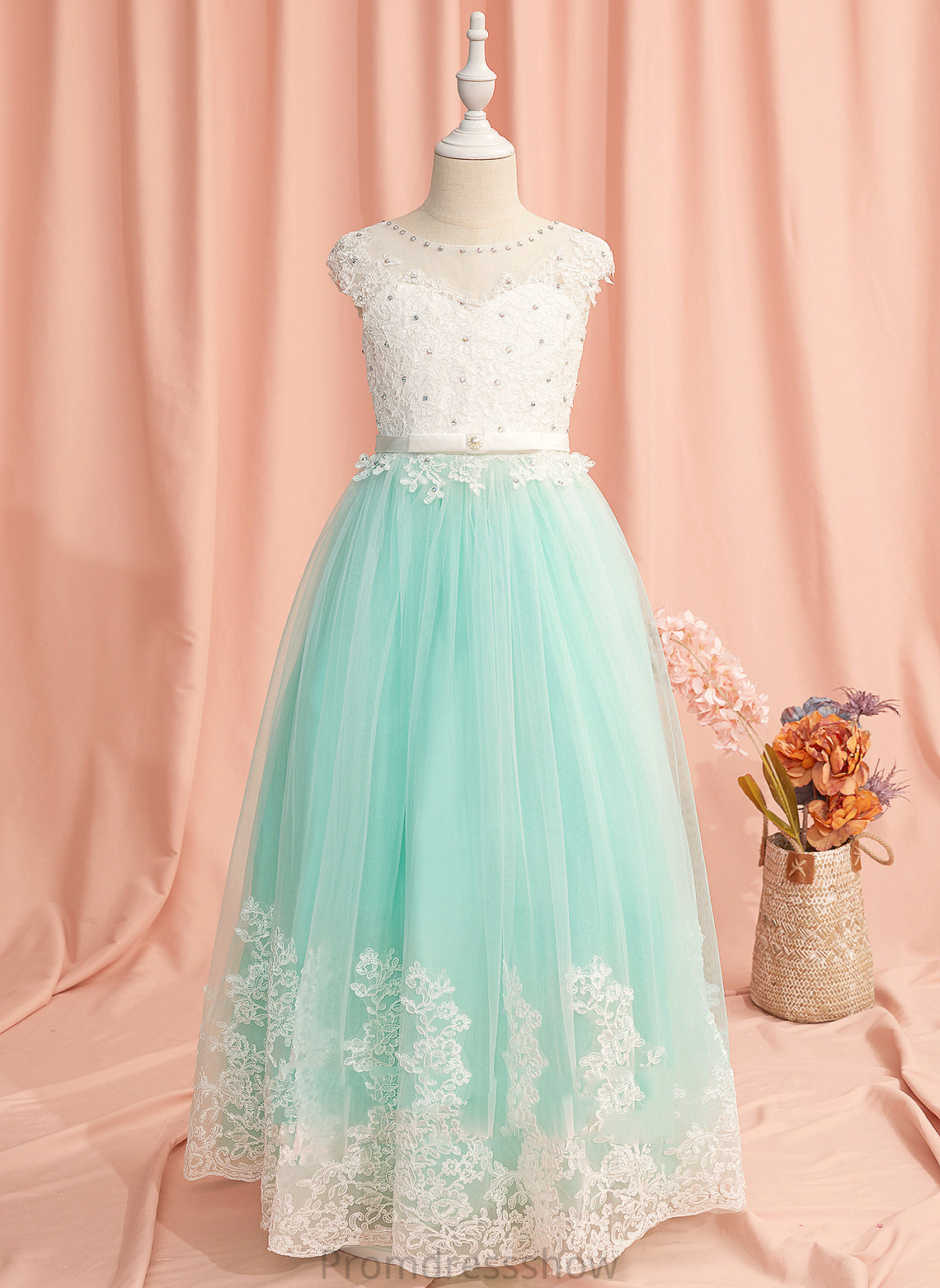 Dress Neck Girl Tulle Sleeveless Valentina Ball-Gown/Princess Back Flower Girl Dresses Floor-length Scoop Lace/Beading/Bow(s)/V With Flower -