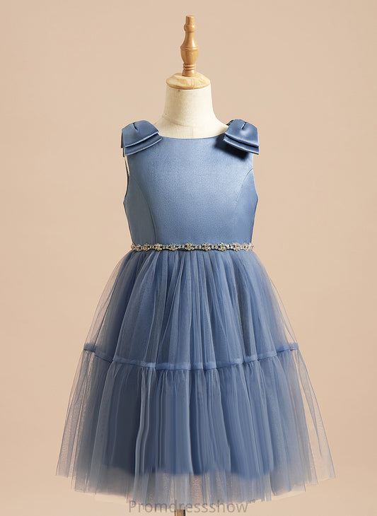 - With Scoop Knee-length Girl Neck Satin/Tulle A-Line Flower Flower Girl Dresses Dress Camille Beading/Bow(s) Sleeveless