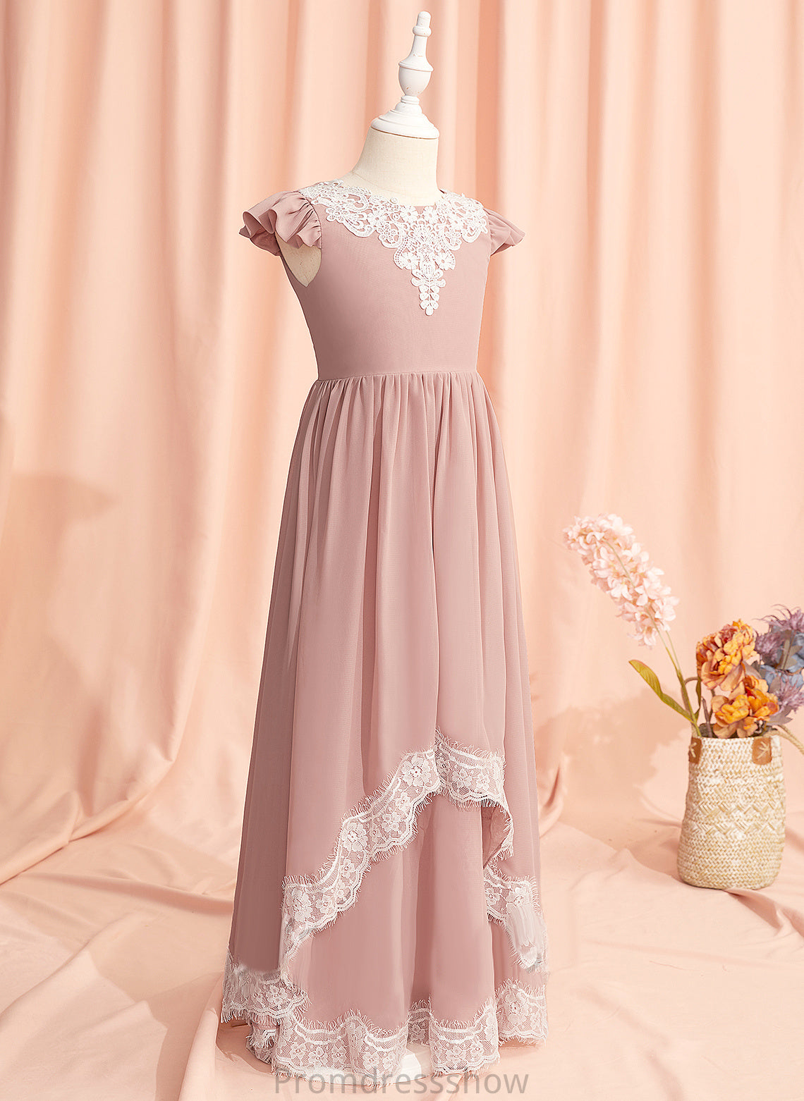 Flower Girl Dresses Dress Lace/V Back Girl A-Line Scoop Sleeves - Floor-length With Short Flower Neck Alia Chiffon/Lace