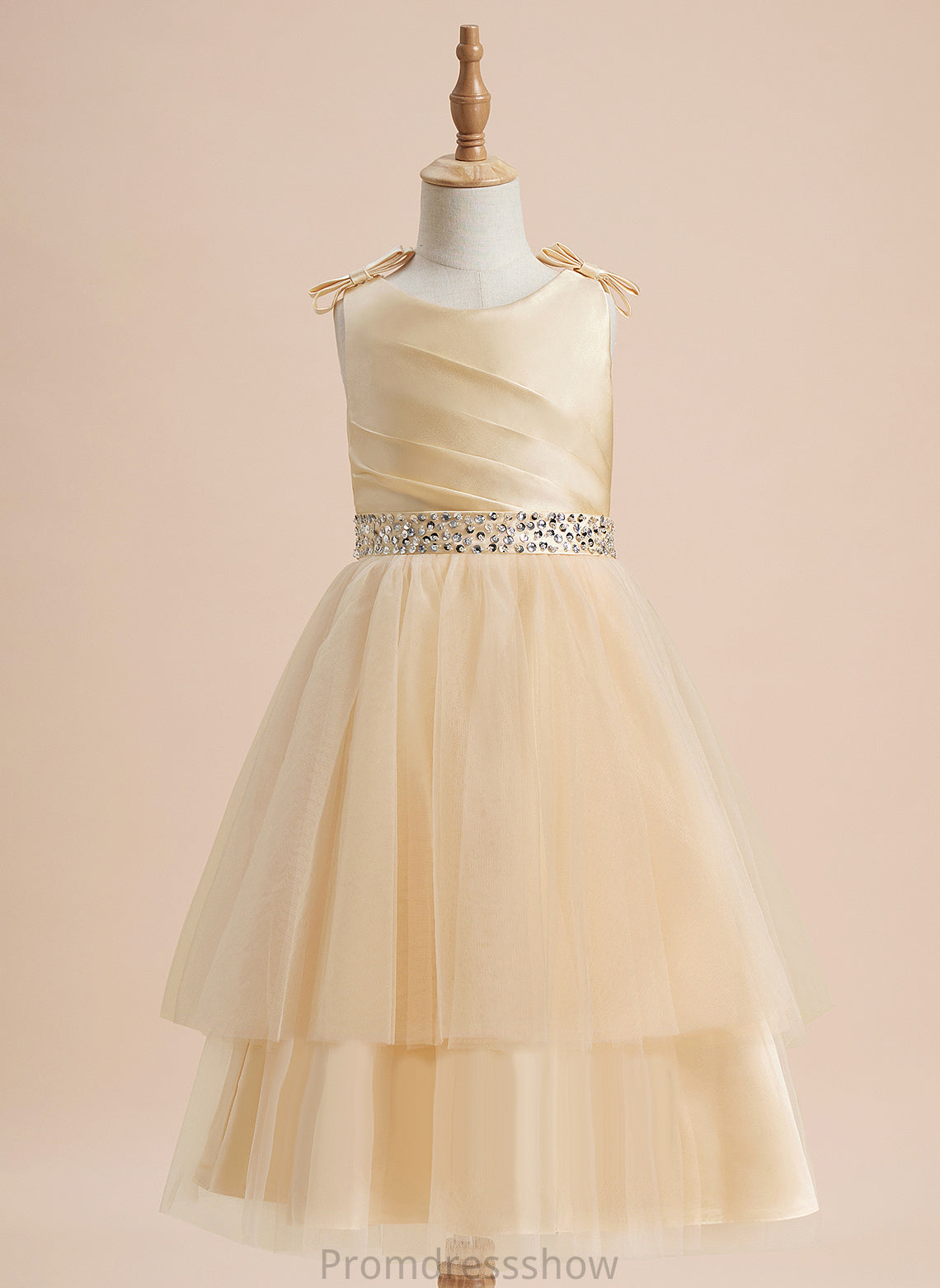 Dress - Beading/Sequins/Bow(s) A-Line Girl Scoop With Deanna Flower Sleeveless Knee-length Satin/Tulle Neck Flower Girl Dresses