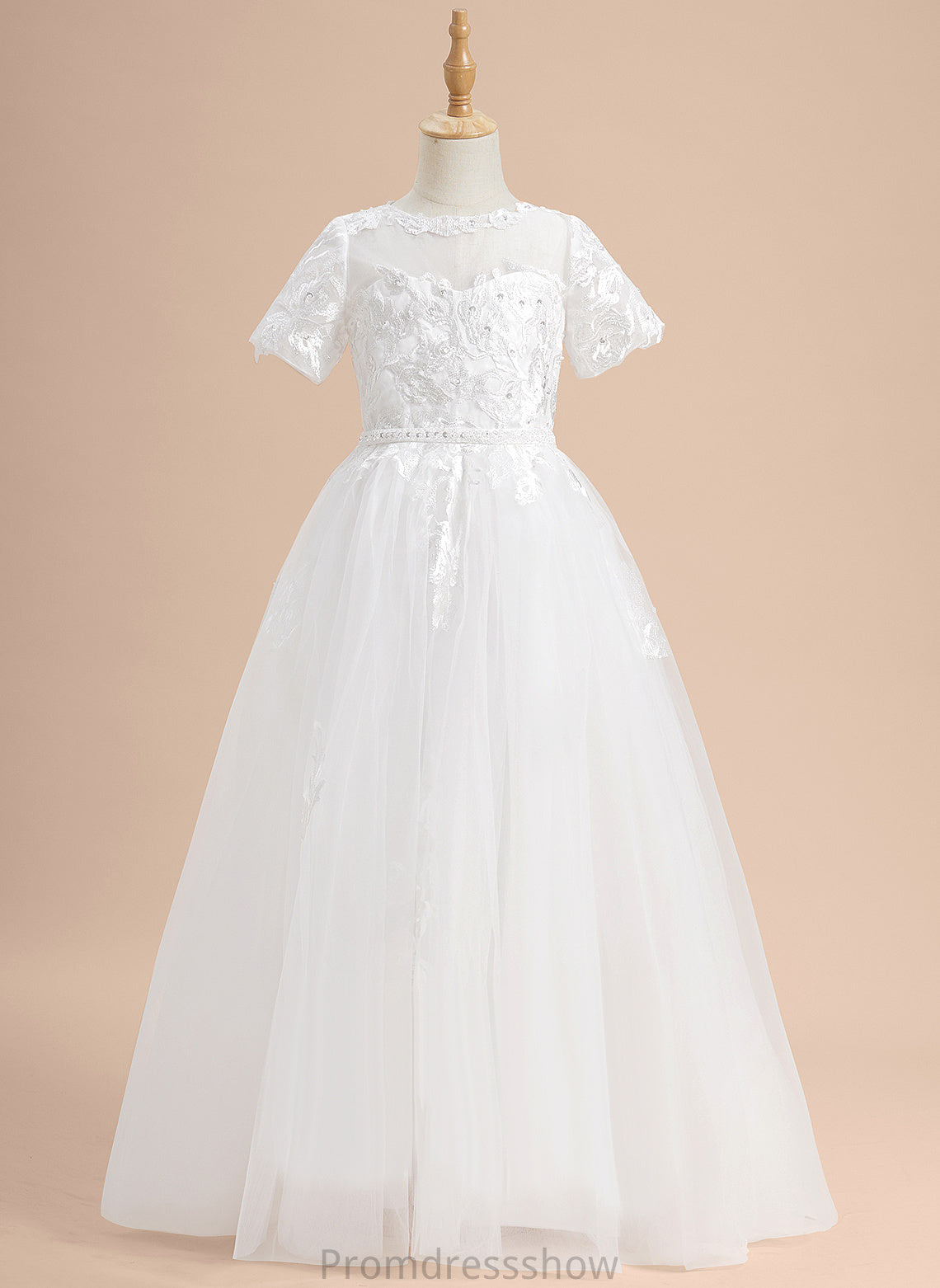 Girl Marie - With Neck Short Sleeves Ball-Gown/Princess Lace/Beading/Sequins Flower Girl Dresses Flower Dress Scoop Floor-length Tulle