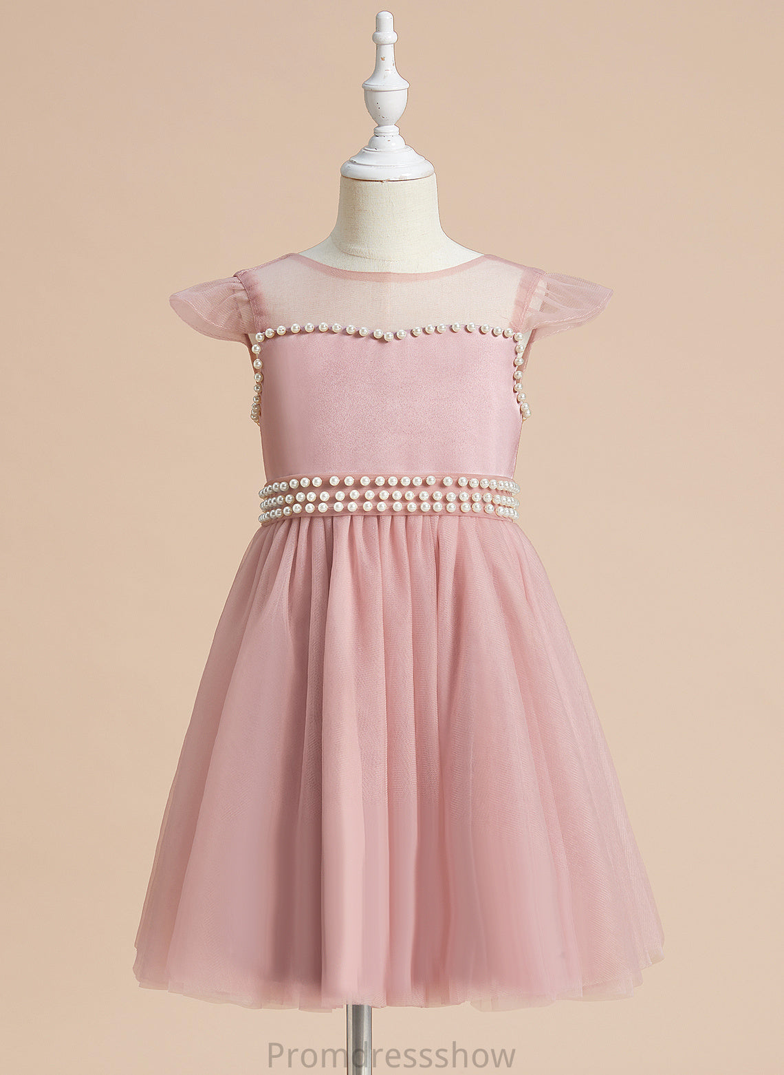 Girl Scoop A-Line Dress Satin/Tulle Flower Sleeveless With Flower Girl Dresses - Neck Annika Knee-length Beading/Bow(s)