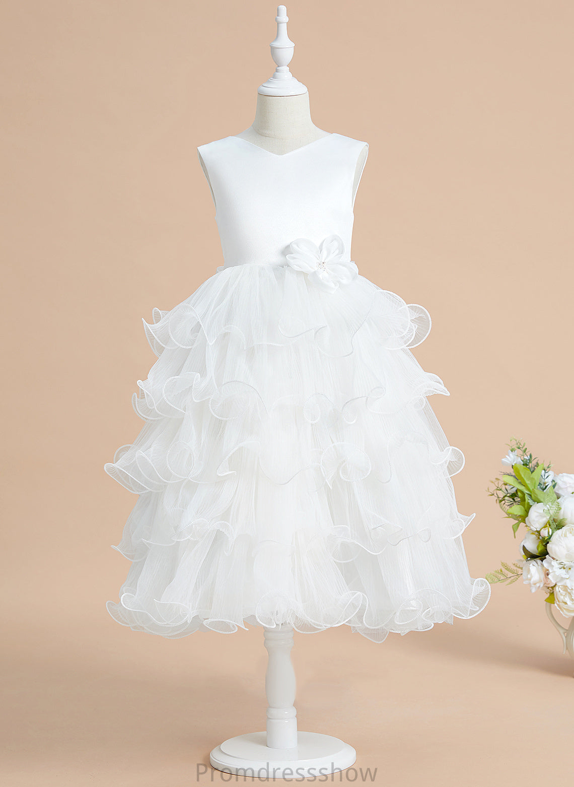 Satin/Tulle - Dress V-neck Girl Tea-length Flower Flower Girl Dresses Ball-Gown/Princess Sleeveless With Bow(s) Ellie