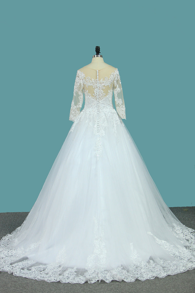 2024 A Line 3/4 Length Sleeves Tulle Scoop Wedding Dresses With Applique