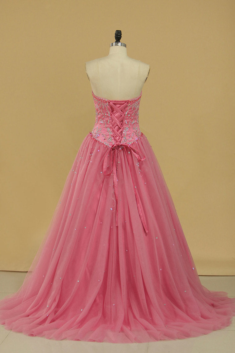 2024 Ball Gown Beaded Bodice Quinceanera Dresses Sweetheart Tulle Sweep Train