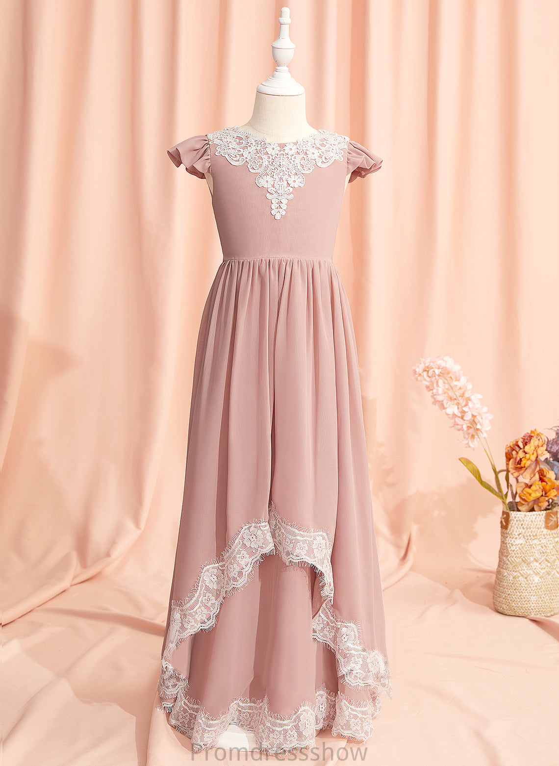 Flower Girl Dresses Dress Lace/V Back Girl A-Line Scoop Sleeves - Floor-length With Short Flower Neck Alia Chiffon/Lace