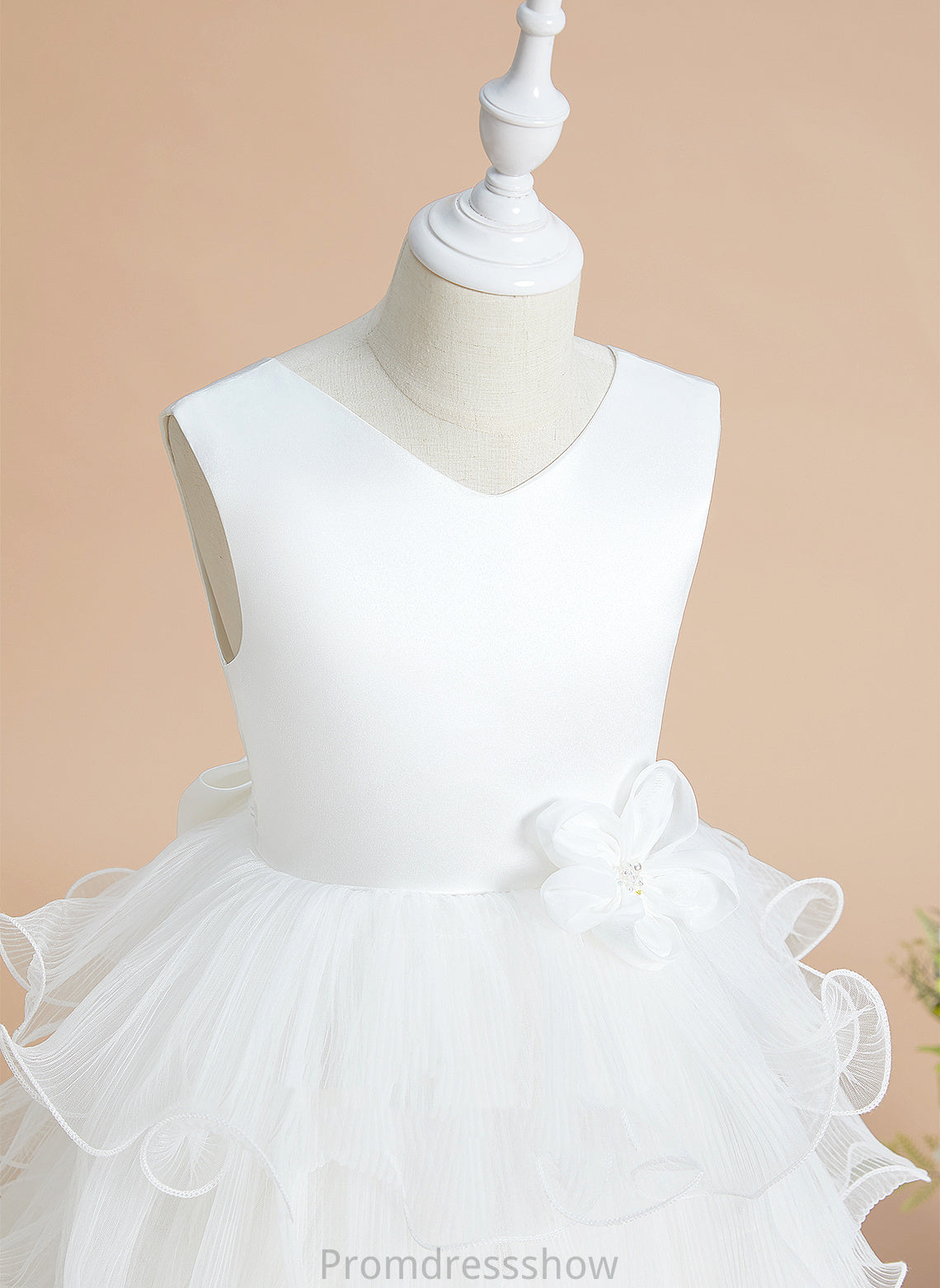 Satin/Tulle - Dress V-neck Girl Tea-length Flower Flower Girl Dresses Ball-Gown/Princess Sleeveless With Bow(s) Ellie