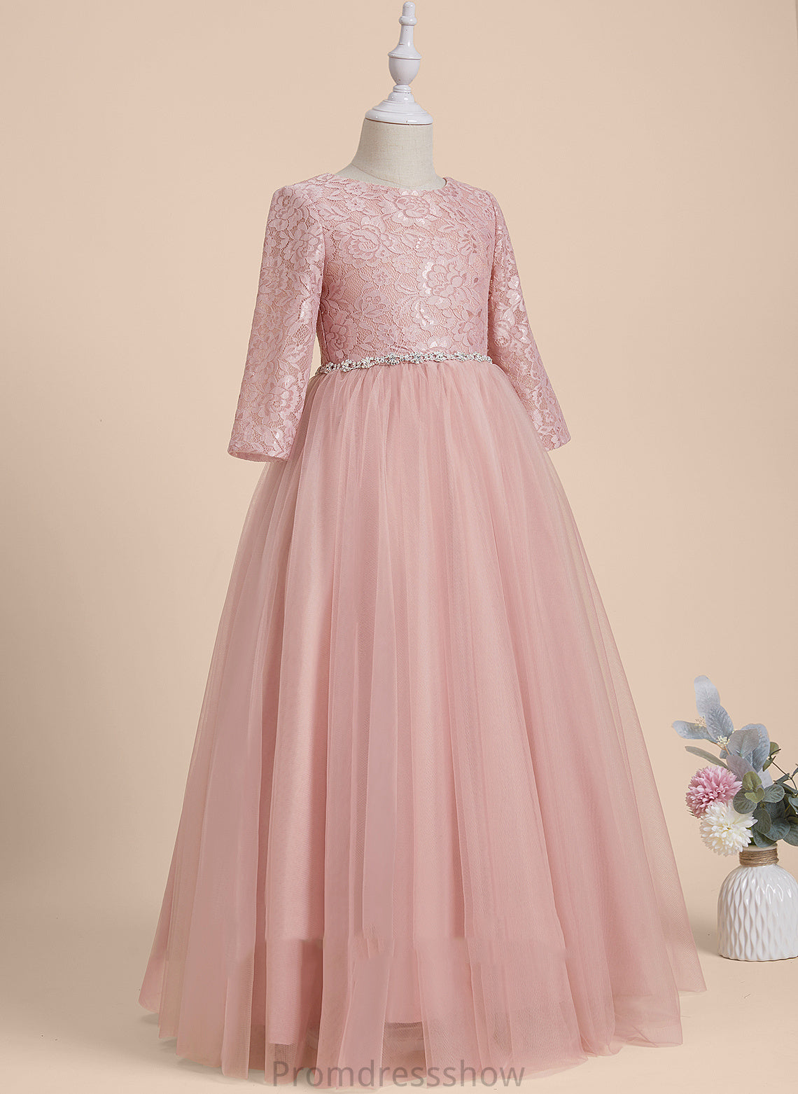 Floor-length Neck Long Brenda Scoop With Back Flower Girl Dresses - Beading/V Tulle A-Line Flower Sleeves Girl Dress