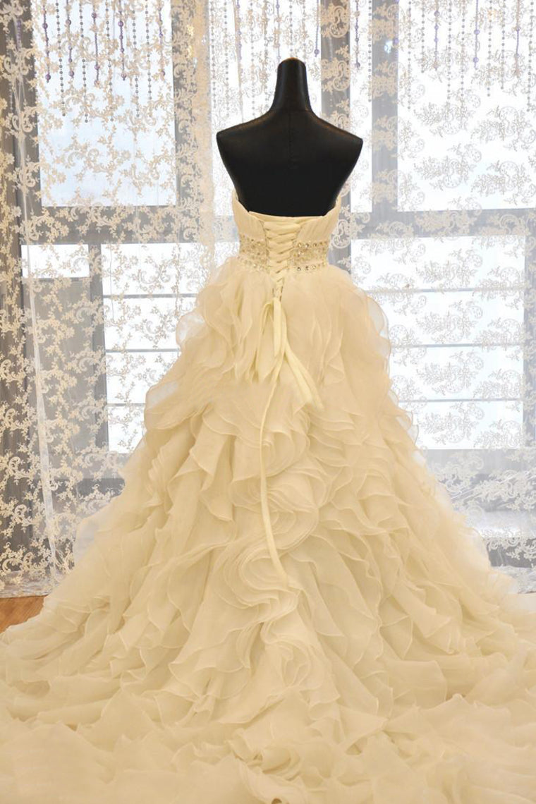 2024 Sweetheart Wedding Dress A Line Organza With Beads And Ruffles Chapel Train