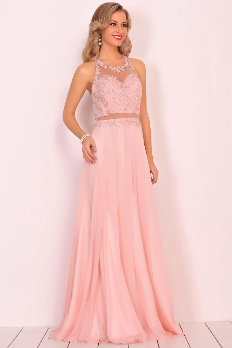 2024 Chiffon Halter Open Back Prom Dresses With Beads And Embroidery A Line