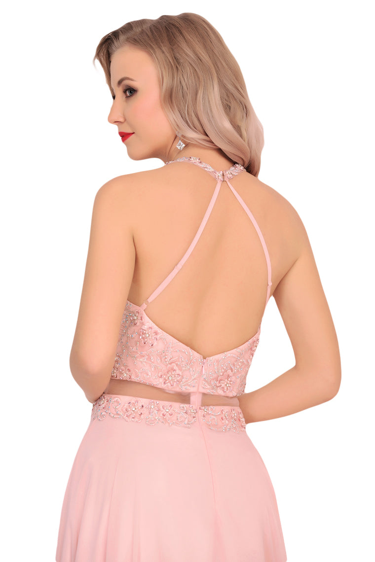 2024 Chiffon Halter Open Back Prom Dresses With Beads And Embroidery A Line