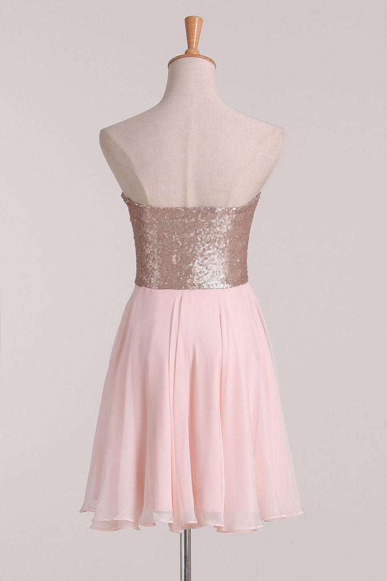 2024 New Arrival Strapless Homecoming Dresses Sequined Bodice Chiffon A Line