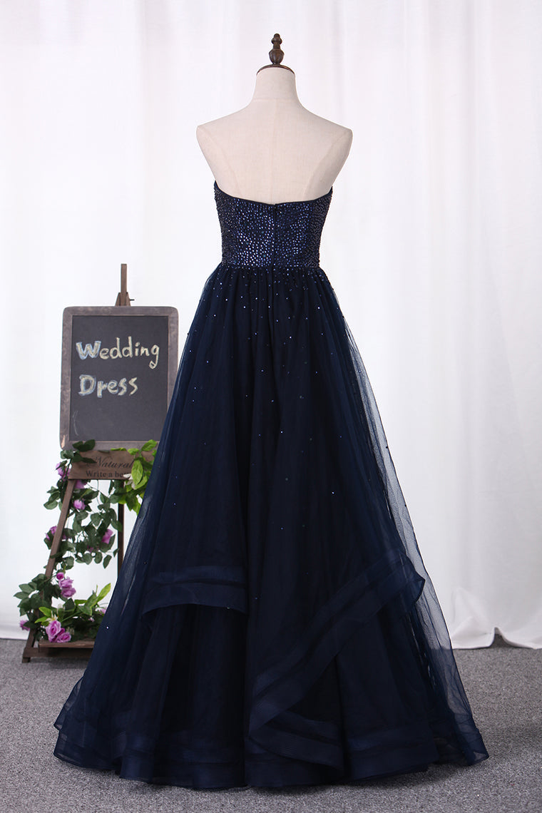 2024 A Line Sweetheart Beaded Bodice Tulle Floor Length  Prom Dresses