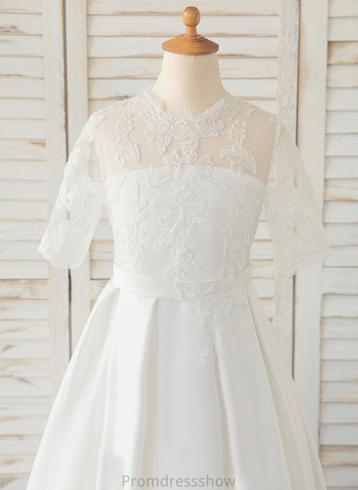 Neck Satin/Lace Scoop Floor-length Girl 1/2 Sleeves Dress A-Line Flower - Polly Flower Girl Dresses