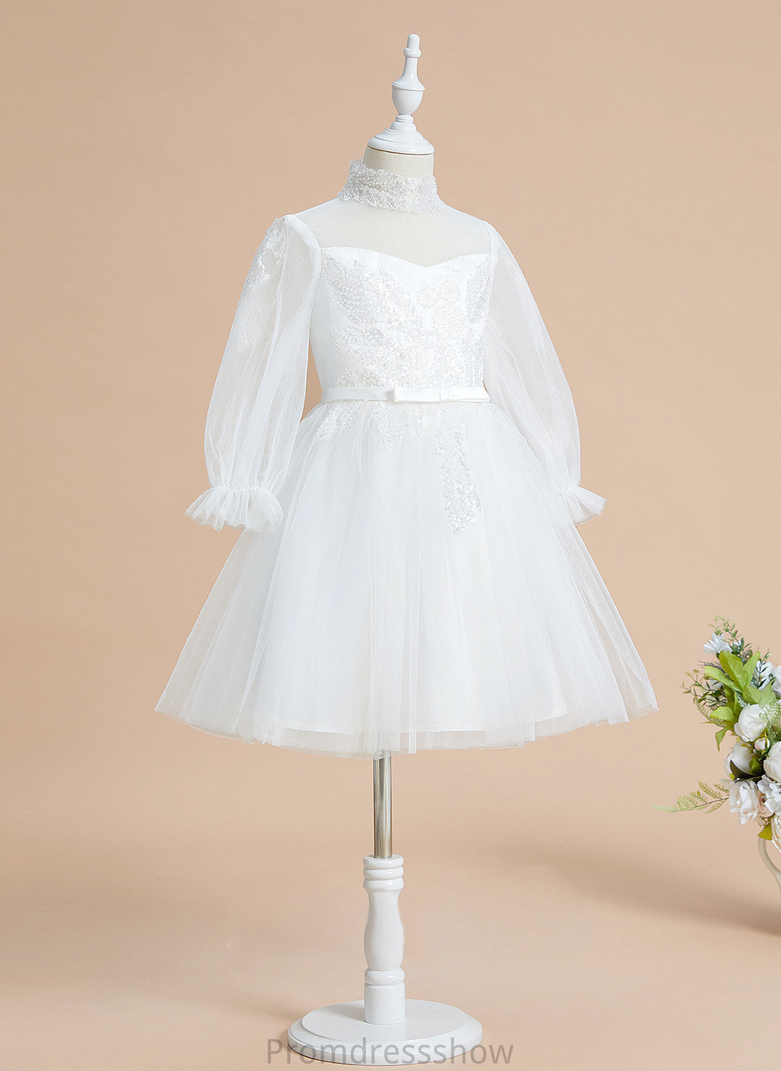 Flower A-Line Tulle Sleeves Sequins Flower Girl Dresses Long Dress Girl - Neck Knee-length High With Kimora