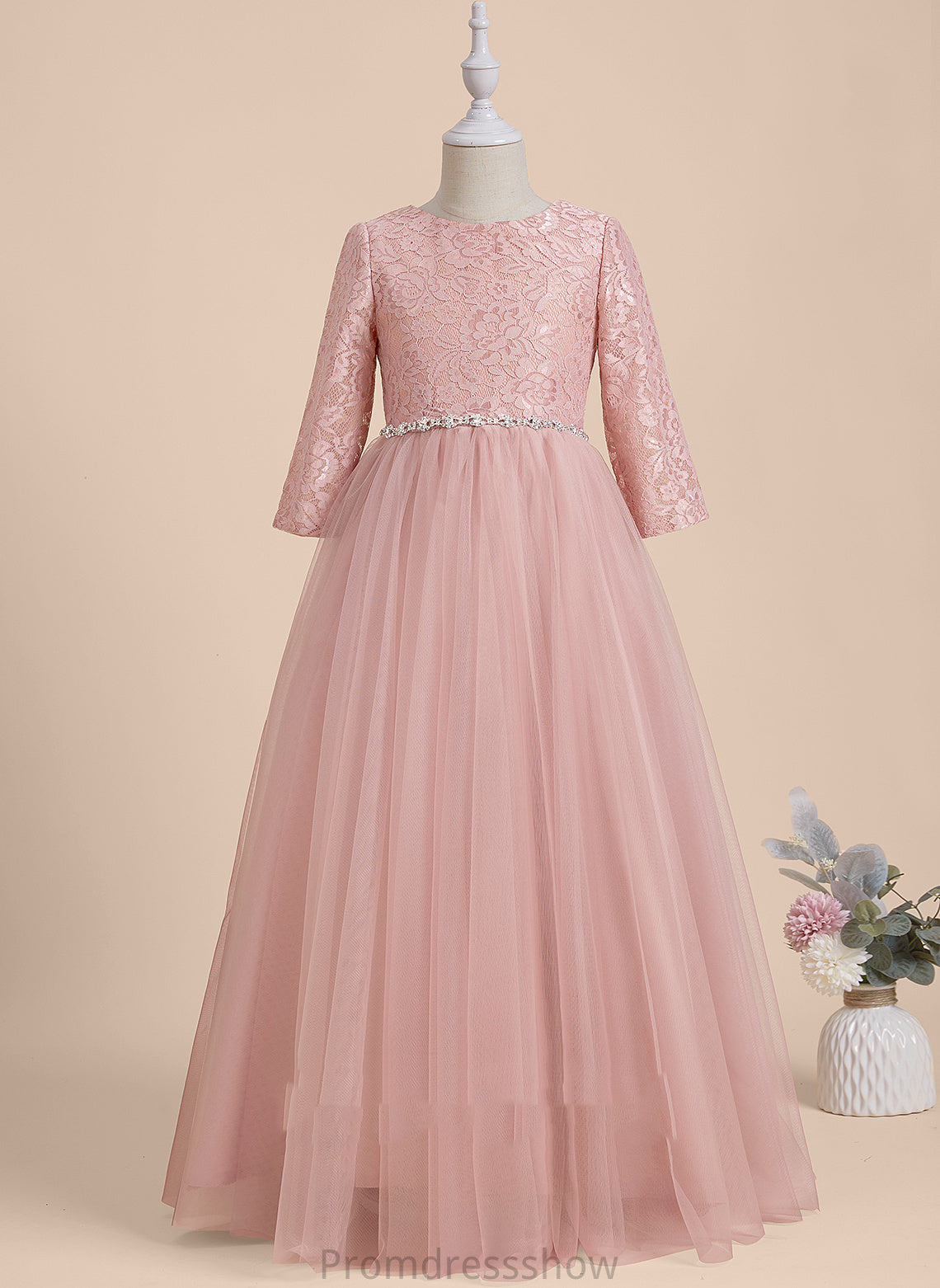 Floor-length Neck Long Brenda Scoop With Back Flower Girl Dresses - Beading/V Tulle A-Line Flower Sleeves Girl Dress