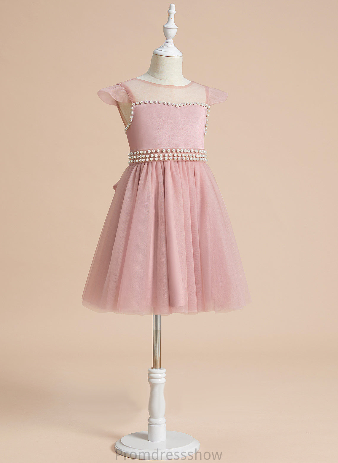 Girl Scoop A-Line Dress Satin/Tulle Flower Sleeveless With Flower Girl Dresses - Neck Annika Knee-length Beading/Bow(s)