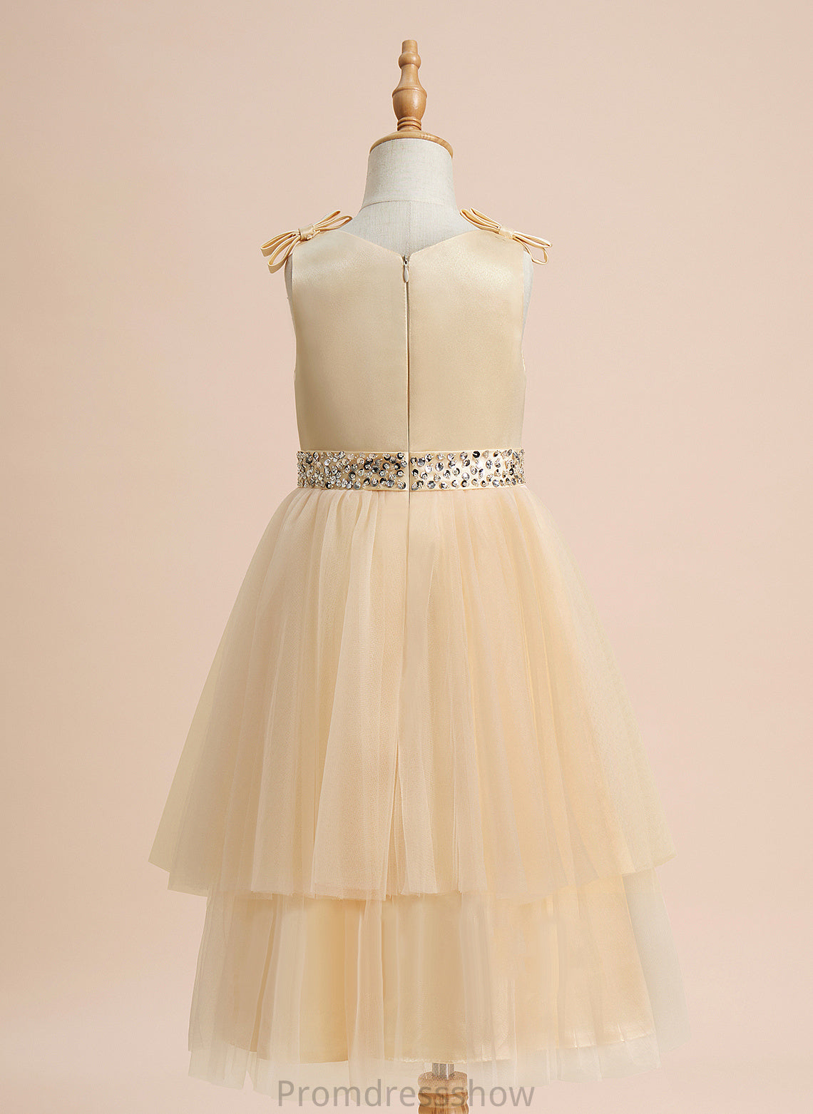 Dress - Beading/Sequins/Bow(s) A-Line Girl Scoop With Deanna Flower Sleeveless Knee-length Satin/Tulle Neck Flower Girl Dresses