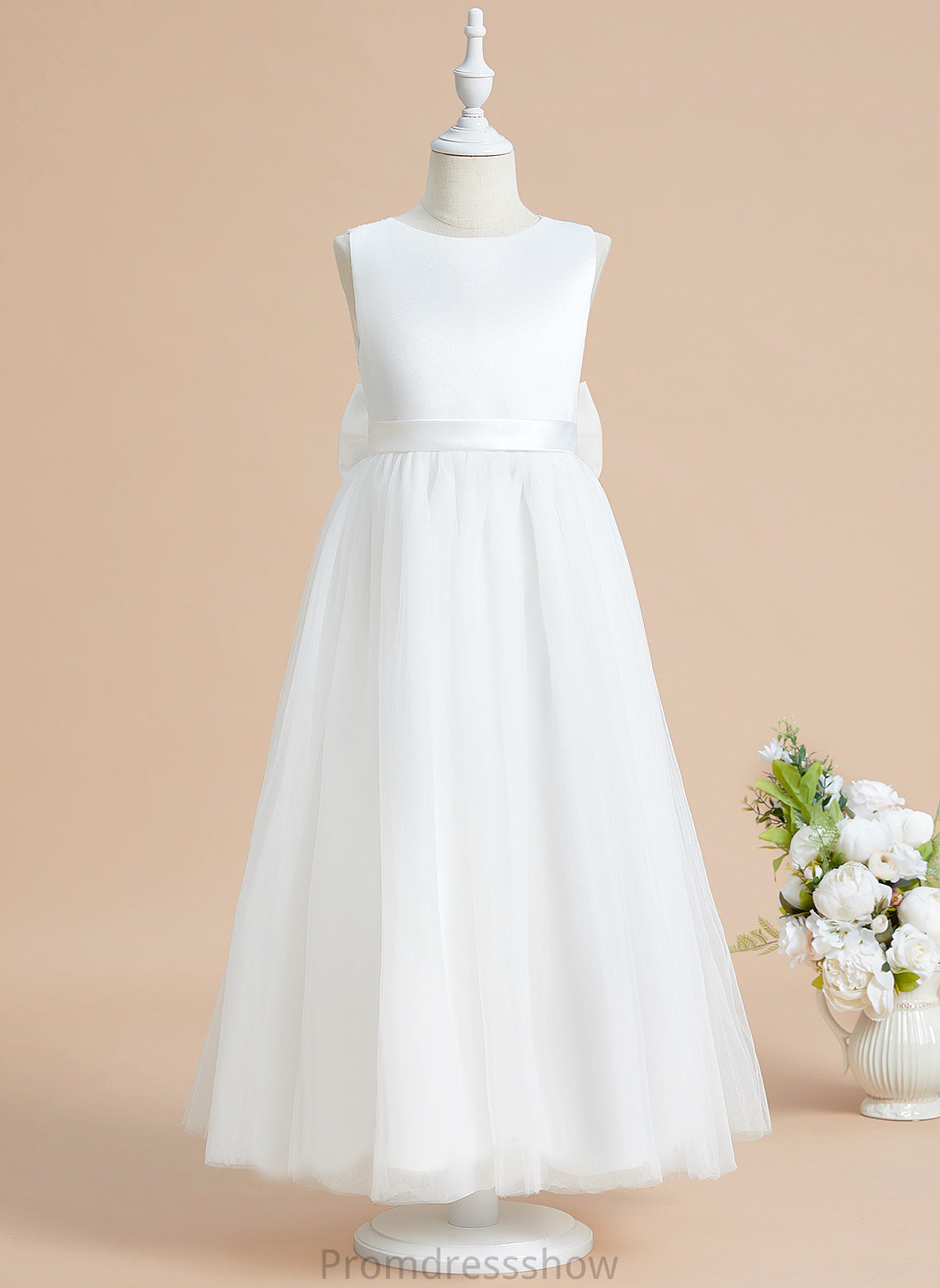 A-Line Flower Flower Girl Dresses Ankle-length Bianca With Sleeveless - Neck Satin/Tulle Girl Dress Lace/Bow(s) Scoop