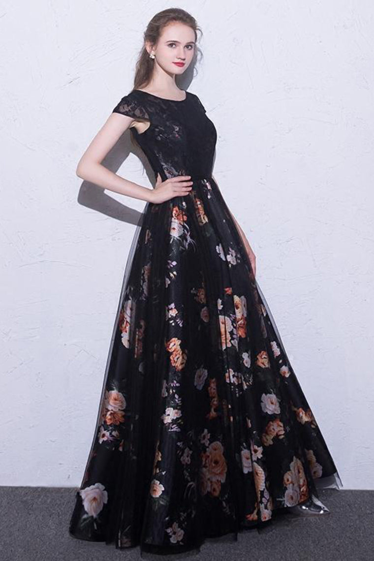 2024 Black Prom Dresses Scoop A-Line Floral Print Sexy Long Lace Prom Dress