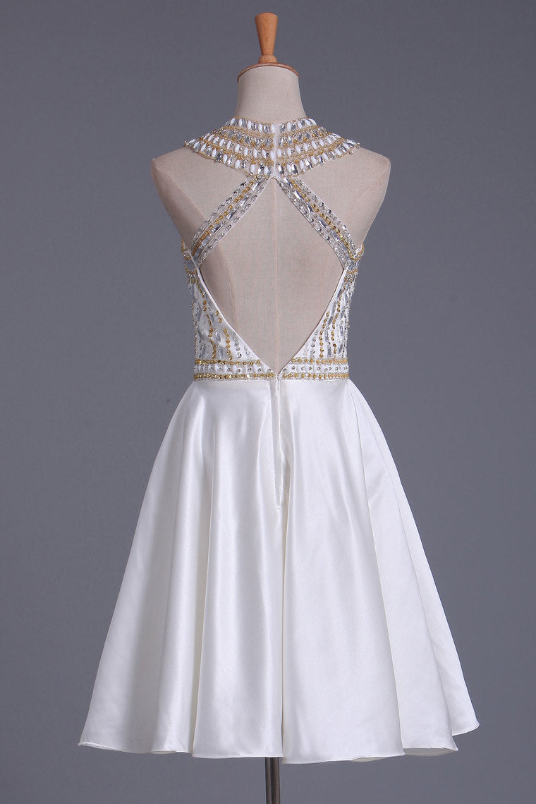 2024 New Arrival Scoop Beaded Bodice Homecoming Dresses A Line Satin