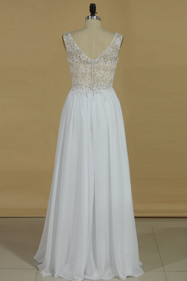 2024 Chiffon & Lace Prom Dresses V Neck With Beading A Line Sweep Train