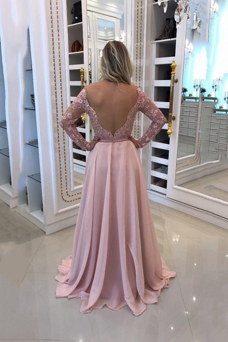 2024 Boat Neck Long Sleeves Prom Dresses A Line Chiffon With Applique And Beads