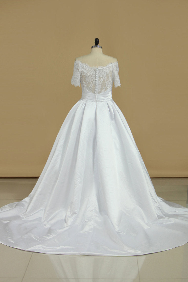 2024 New Arrival Wedding Dresses V Neck Short Sleeves Satin A Line