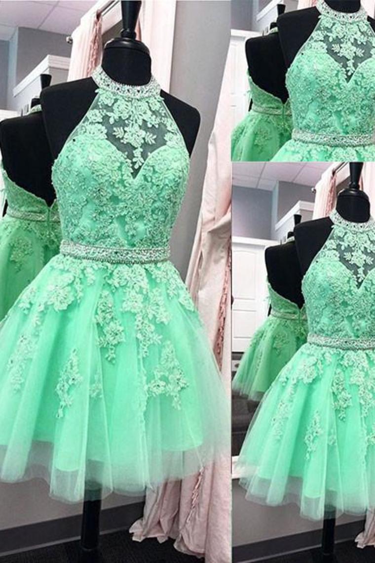 2024 A Line Homecoming Dresses Halter Beaded Bodice Short/Mini Tulle Zipper Up